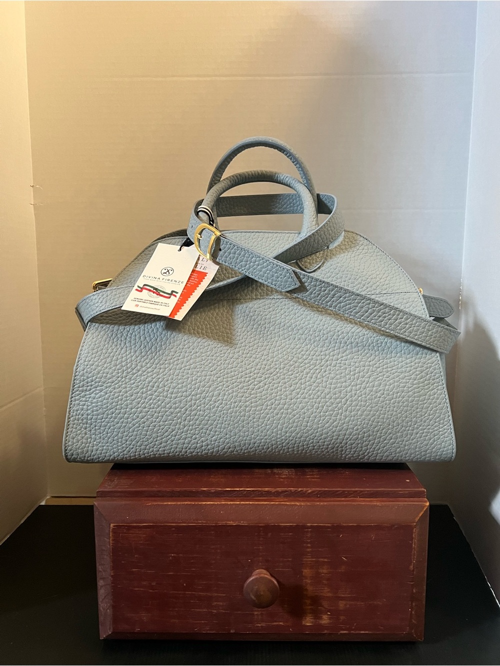 Light Blue Structured Leather Satchel Bag with Strap